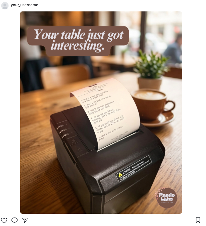 TableCade printer on a cafe table, printing a keepsake receipt